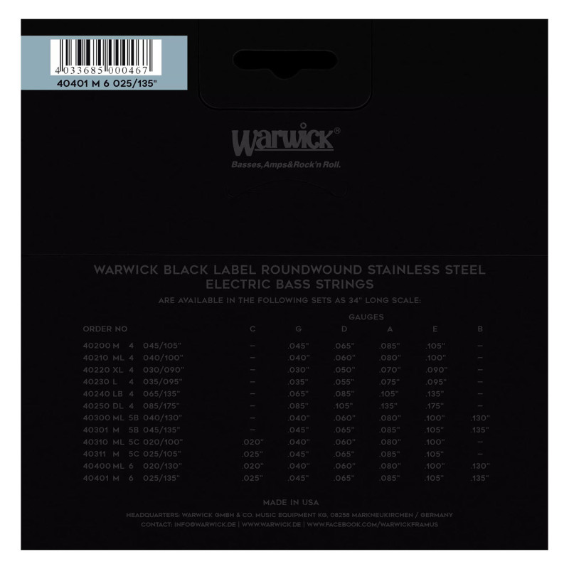 WARWICK 40401 Black Label Medium 6-String (25-135) Струни для бас-гітари