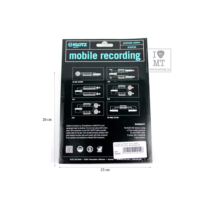 Кабель комутаційний KLOTZ AY7 Y-CABLE STEREO MINI JACK - RCA BLACK 3 M