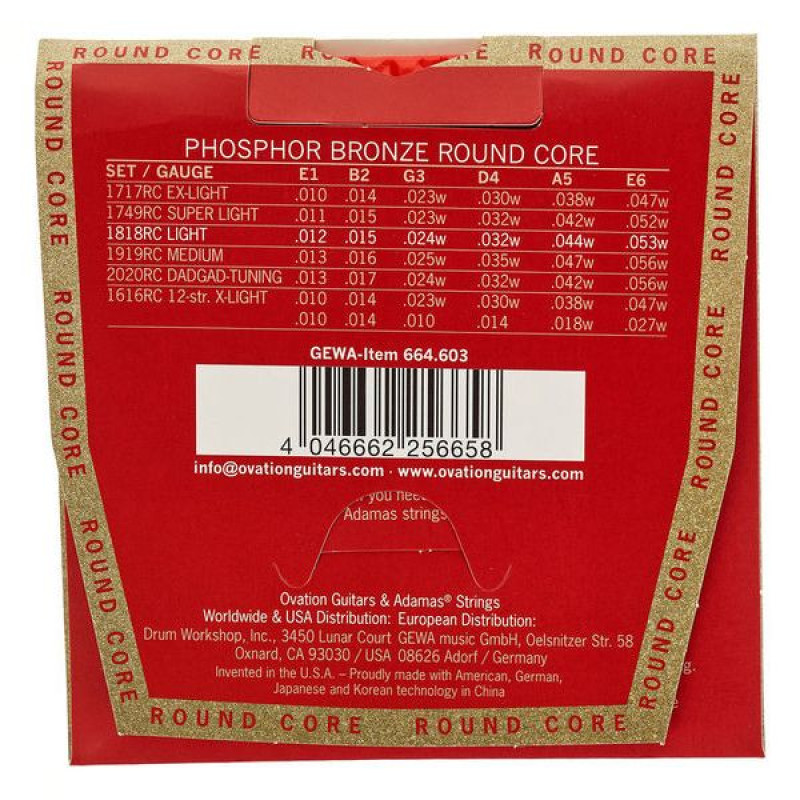 Струни для акустичної гітари Adamas Round Core Phosphor Bronze 1818RC, 12-53w