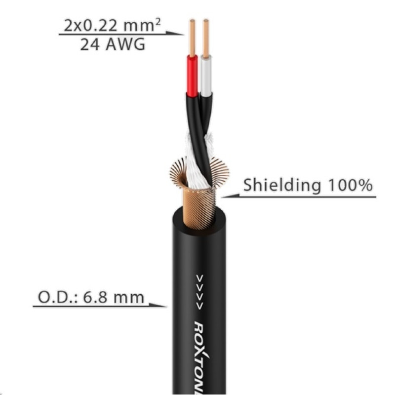 Кабель микрофонный Roxtone MC005, 2х0.22 кв. мм, вн. диаметр 6.8 мм, 100 м