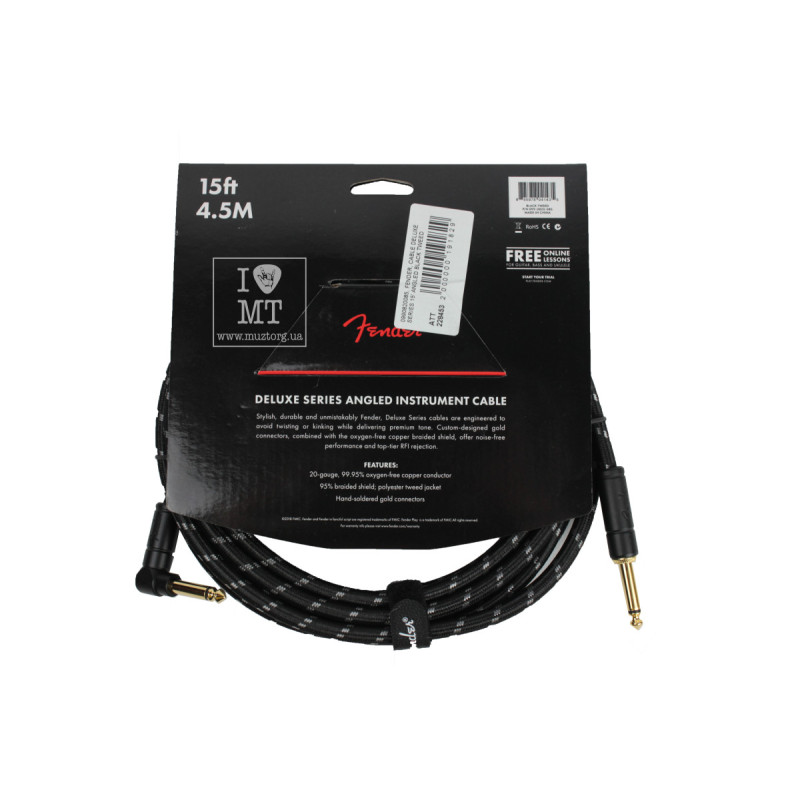 FENDER CABLE DELUXE SERIES 15' ANGLED BLACK TWEED Кабель інструментальний