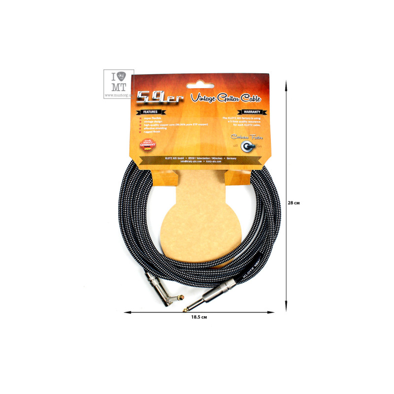 Кабель инструментальный KLOTZ 59 VINTAGE PRO GUITAR CABLE ANGLED 3 M