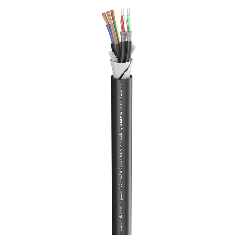 SOMMER CABLE 500-0281-2 MONOLITH 2 Гібридний комбінований кабель 3x2,50 мм² + 2x DMX, чорний