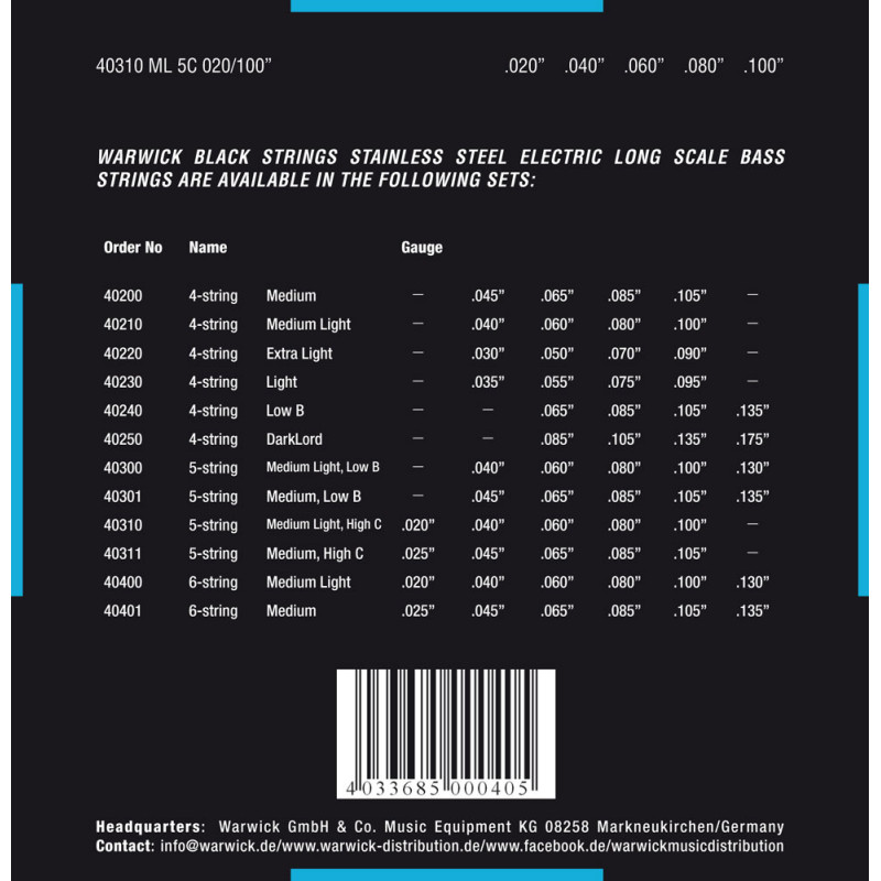 WARWICK 40310 Black Label Medium Light 5-String High C (20-100) Струны для бас-гитары