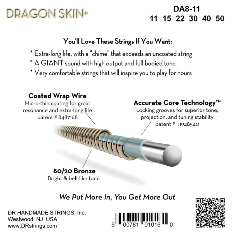 DR STRINGS DRAGON SKIN+ Acoustic 80/20 Bronze - Custom Light (11-50) Струни для акустичної гітари