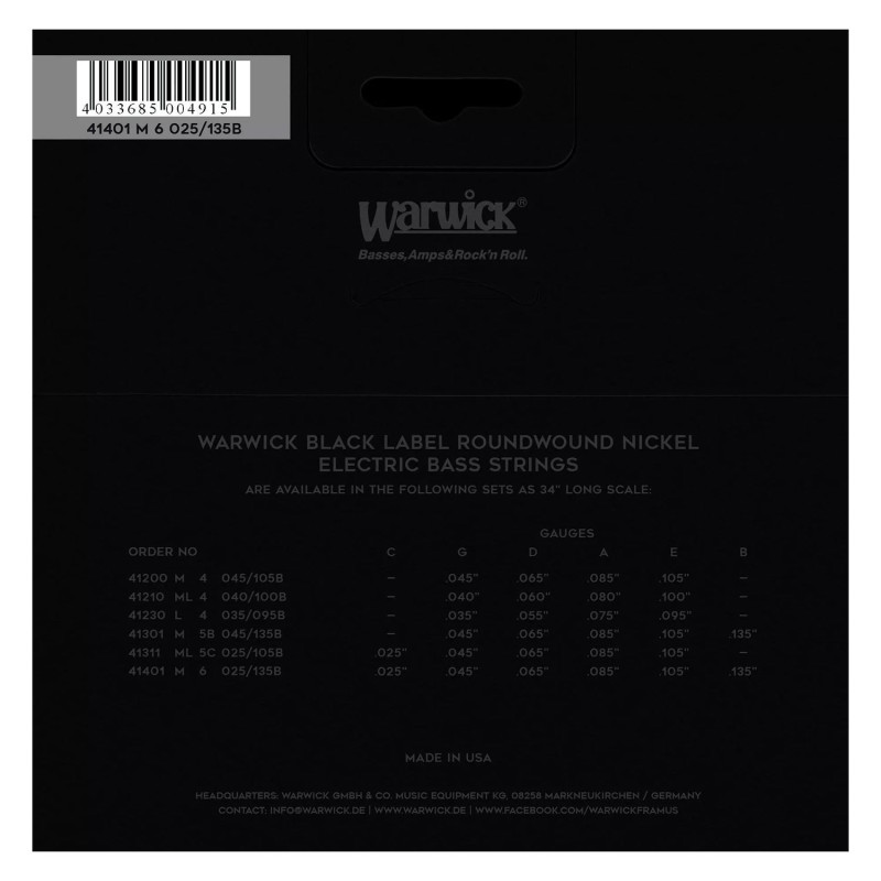 WARWICK 41401 Black Label, Nickel-Plated, Medium 6-String (25-135) Струны для бас-гитары