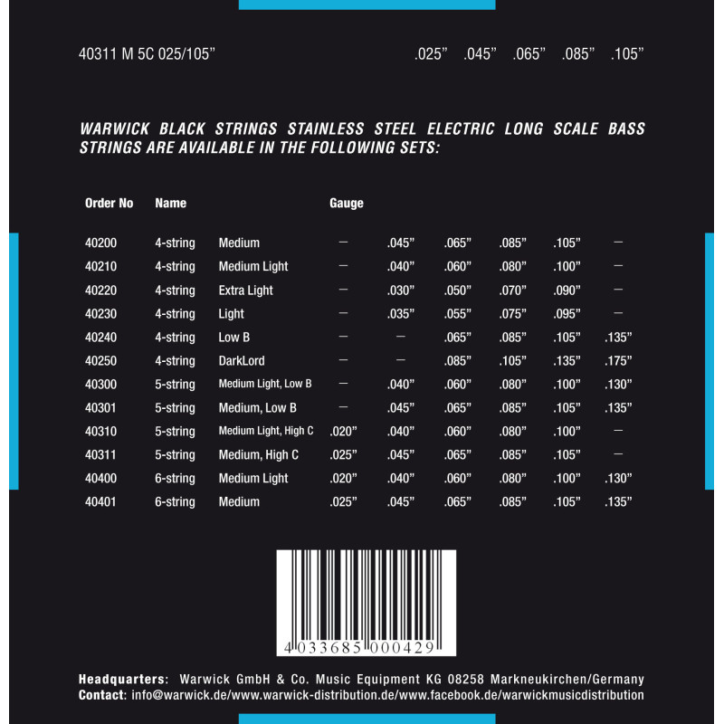 WARWICK 40311 Black Label Medium 5-String High C (25-105) Струны для бас-гитары