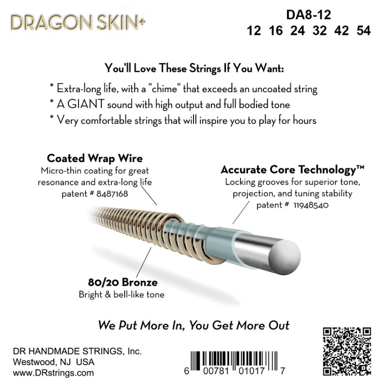 DR STRINGS DRAGON SKIN+ Acoustic 80/20 Bronze - Light (12-54) Струни для акустичної гітари