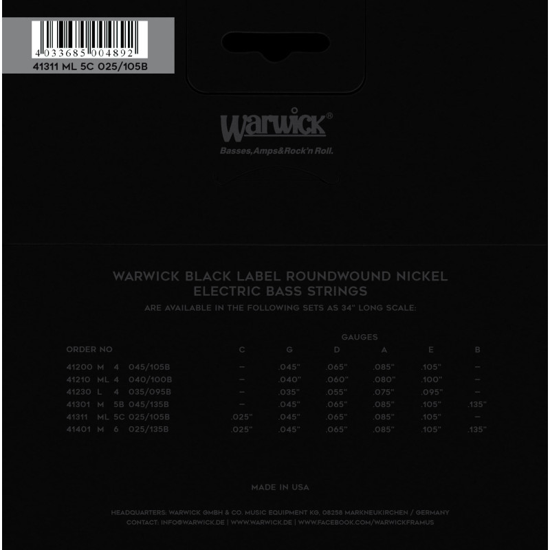 WARWICK 41311 Black Label, Nickel-Plated, Medium Light 5-String High C (25-105) Струны для бас-гитары