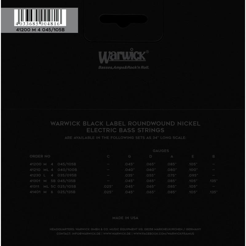 WARWICK 41200 Black Label, Nickel-Plated, Medium 4-String (45-105) Струни для бас-гітари