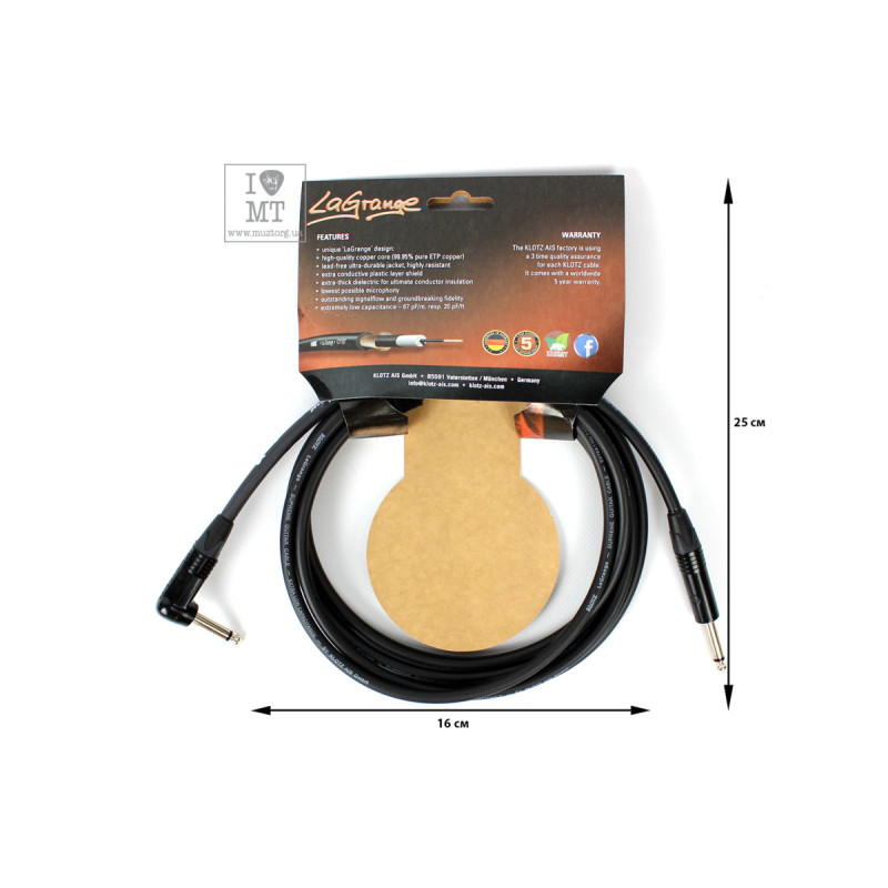 KLOTZ LAGRANGE INSTRUMENT CABLE BLACK ANGLED 3 M Кабель инструментальный