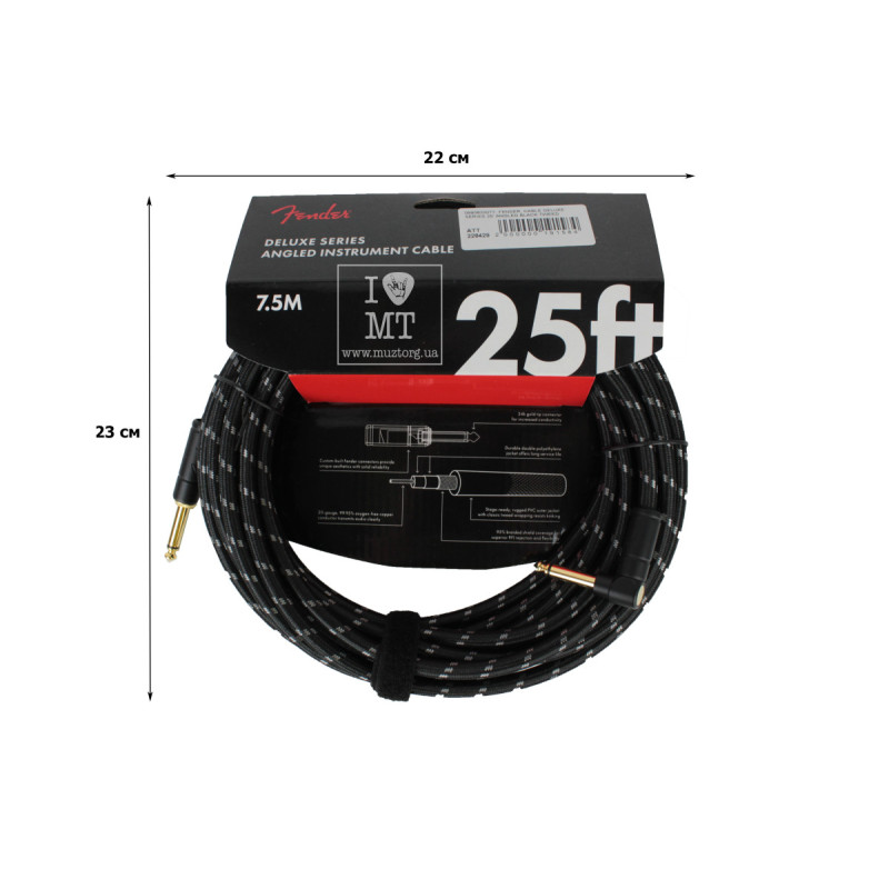 FENDER CABLE DELUXE SERIES 25' ANGLED BLACK TWEED Кабель інструментальний