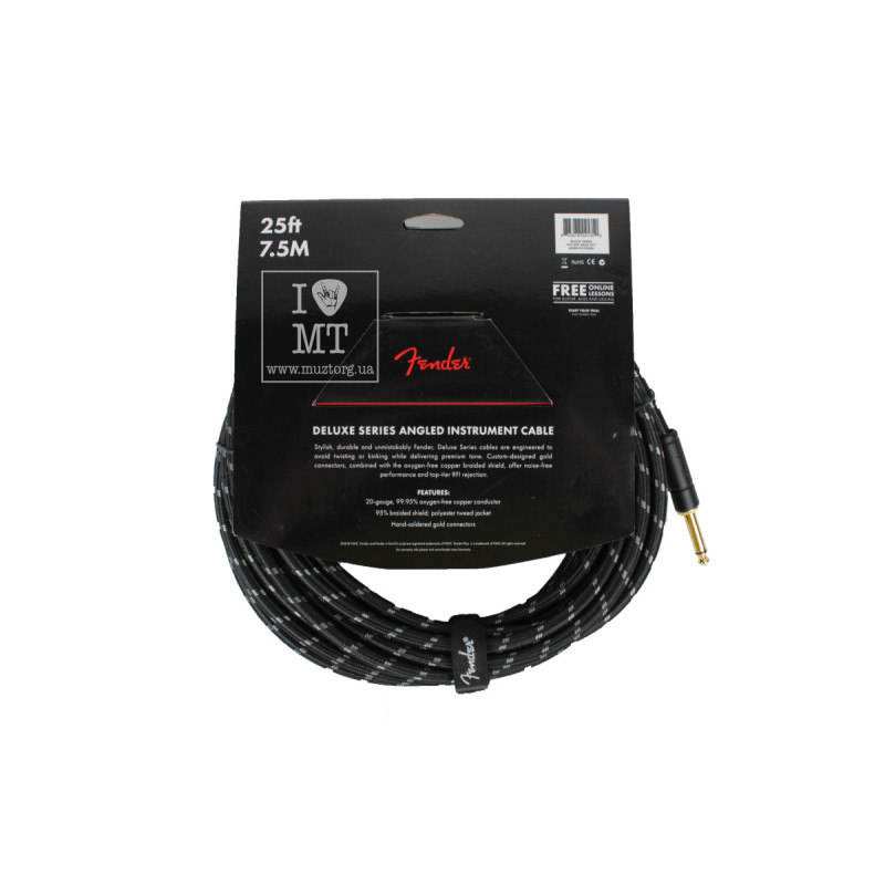 FENDER CABLE DELUXE SERIES 25' ANGLED BLACK TWEED Кабель інструментальний