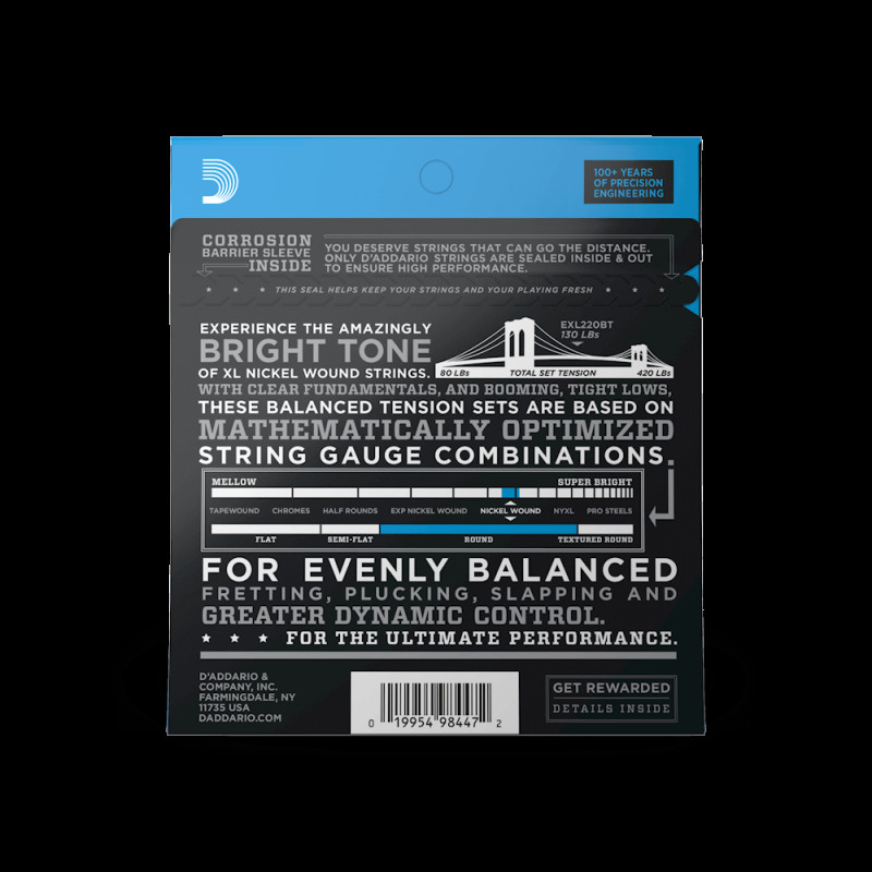 D‘ADDARIO EXL220BT XL NICKEL WOUND BALANCED TENSION SUPER LIGHT (40-95) Струни для бас-гітари