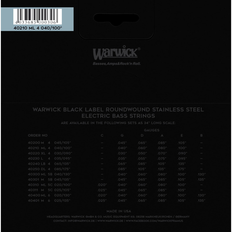 WARWICK 40210 Black Label Medium Light 4-String (40-100) Струни для бас-гітари