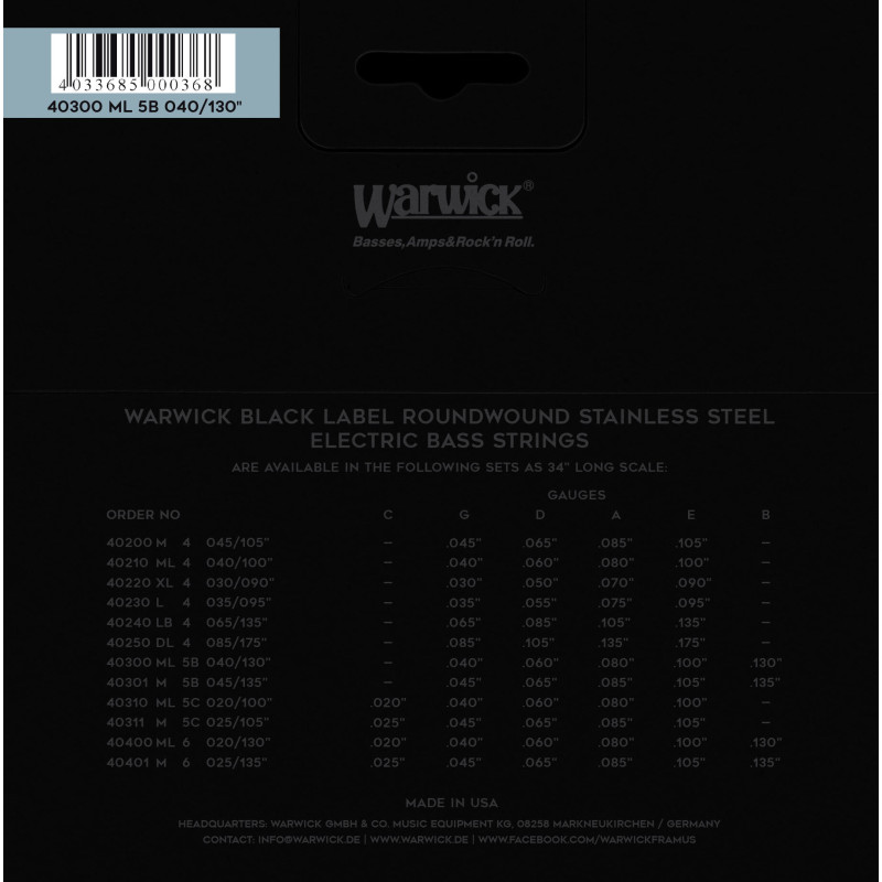 WARWICK 40300 Black Label Medium Light 5-String (40-130) Струны для бас-гитары