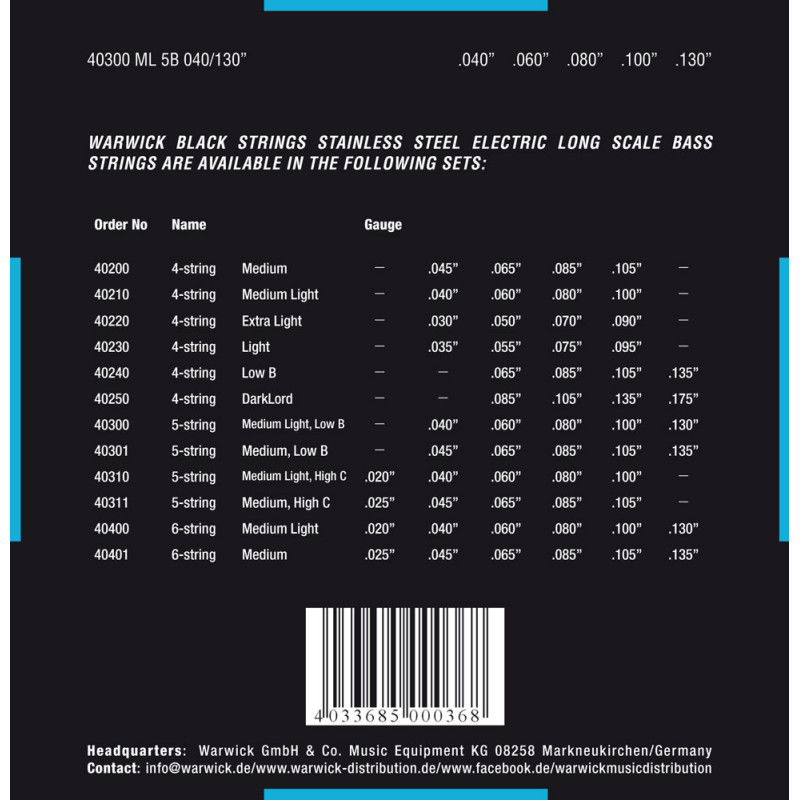 WARWICK 40300 Black Label Medium Light 5-String (40-130) Струны для бас-гитары