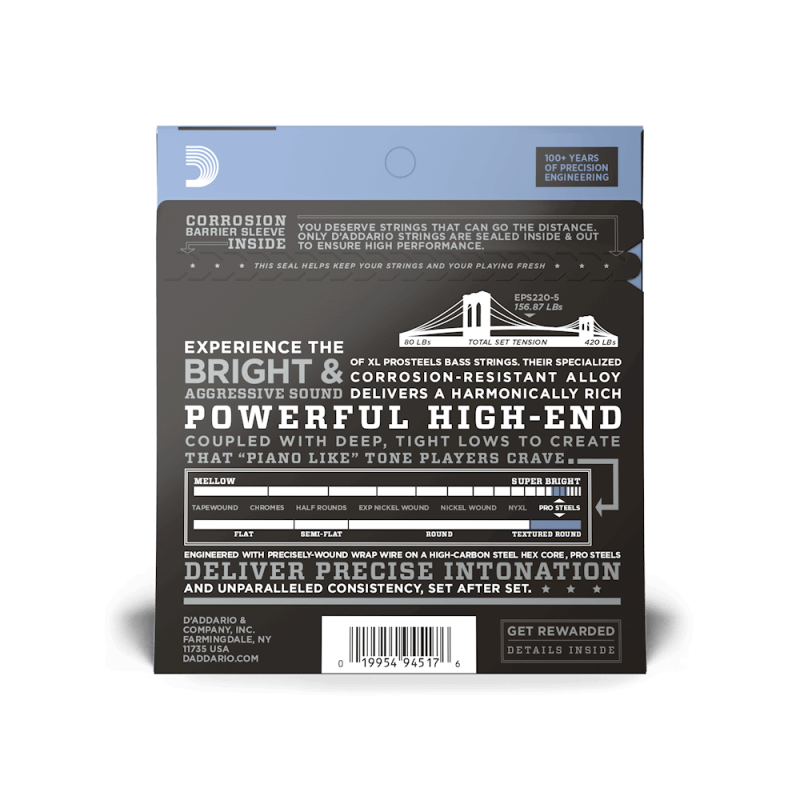 D‘ADDARIO EPS220-5 XL PROSTEELS BASS SUPER LIGHT 5-STRING (40-125) Струни для бас-гітари