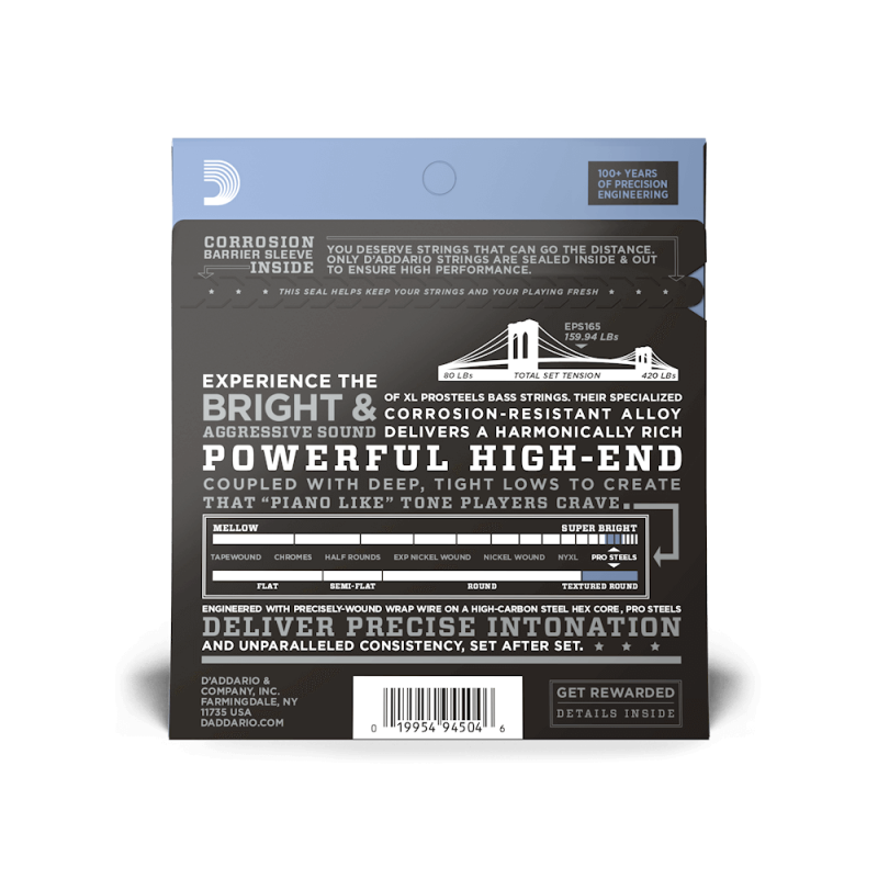 D‘ADDARIO EPS165 XL PROSTEELS REG LIGHT TOP / MED BOTTOM (45-105) Струни для бас-гітари