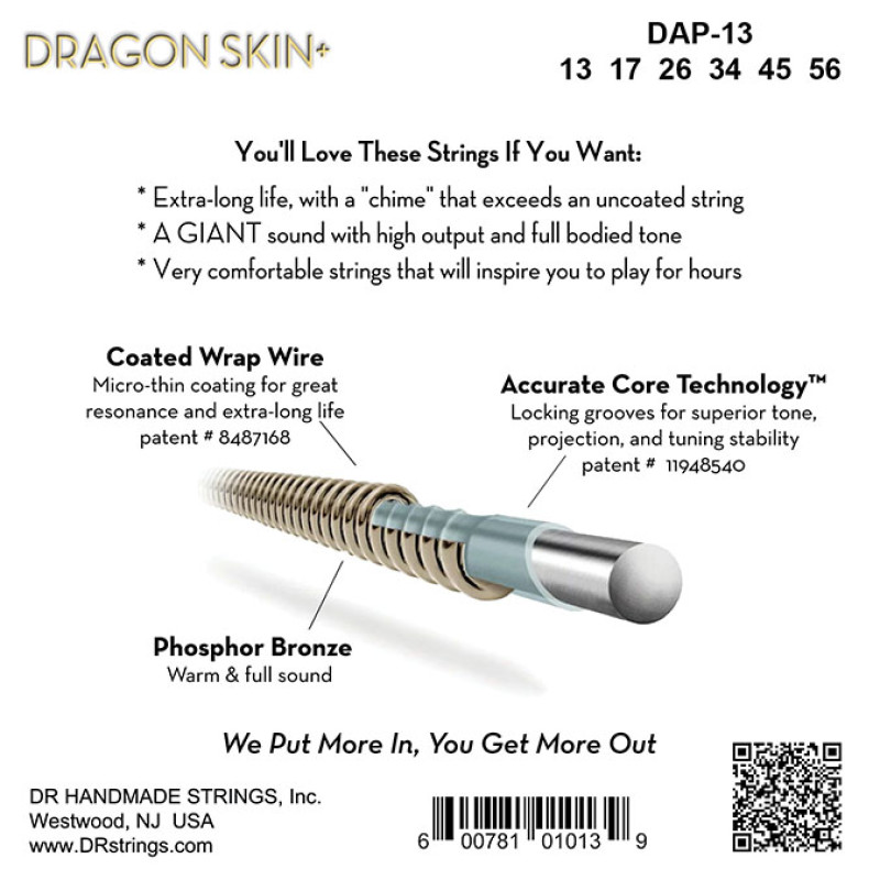 DR STRINGS DRAGON SKIN+ Acoustic Phosphor Bronze - Medium (13-56) Струни для акустичної гітари