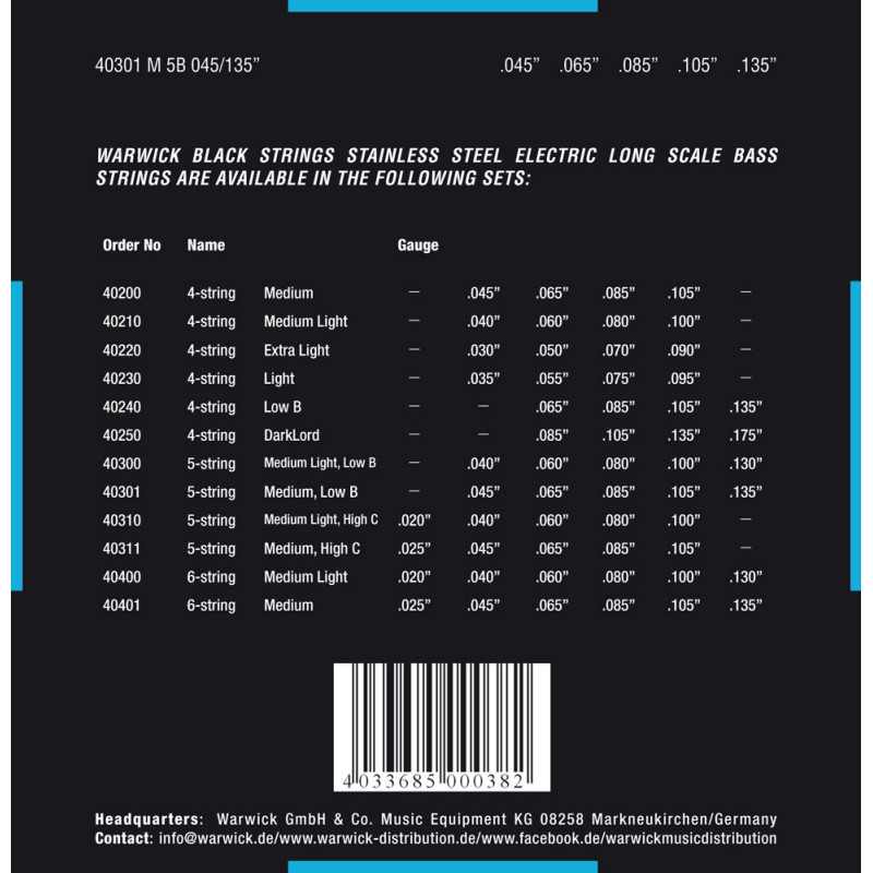 WARWICK 40301 Black Label Medium 5-String (45-135) Струны для бас-гитары