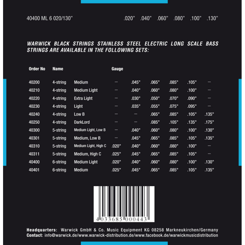 WARWICK 40400 Black Label Medium Light 6-String (20-130) Струни для бас-гітари