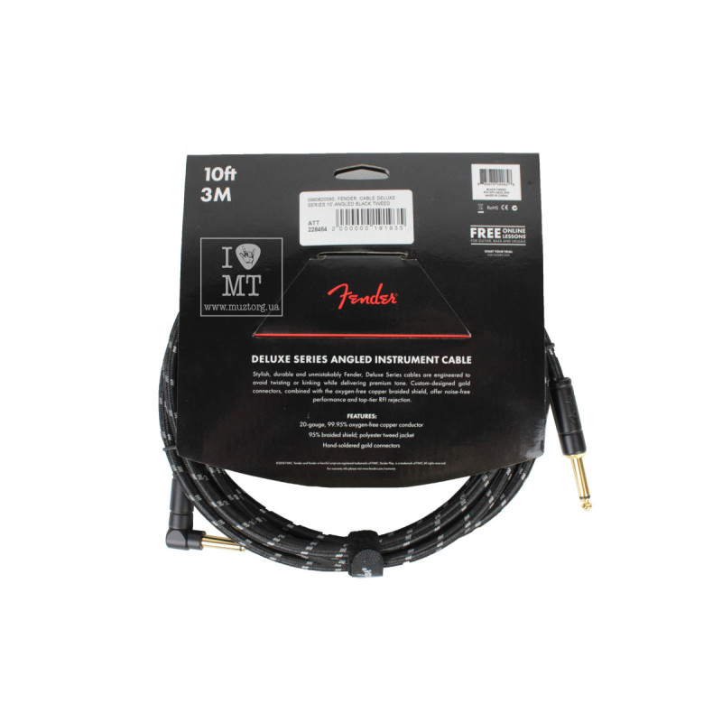FENDER CABLE DELUXE SERIES 10' ANGLED BLACK TWEED Кабель инструментальный