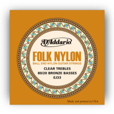 D'ADDARIO EJ33 FOLK NYLON 80/20 Bronze Ball End Clear Treble Струни для класичної гітари