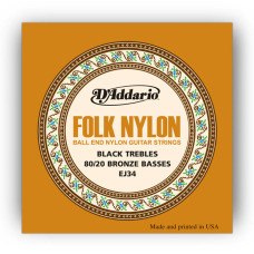 D'ADDARIO EJ34 FOLK NYLON 80/20 Bronze Ball End Black Treble Струни для класичної гітари