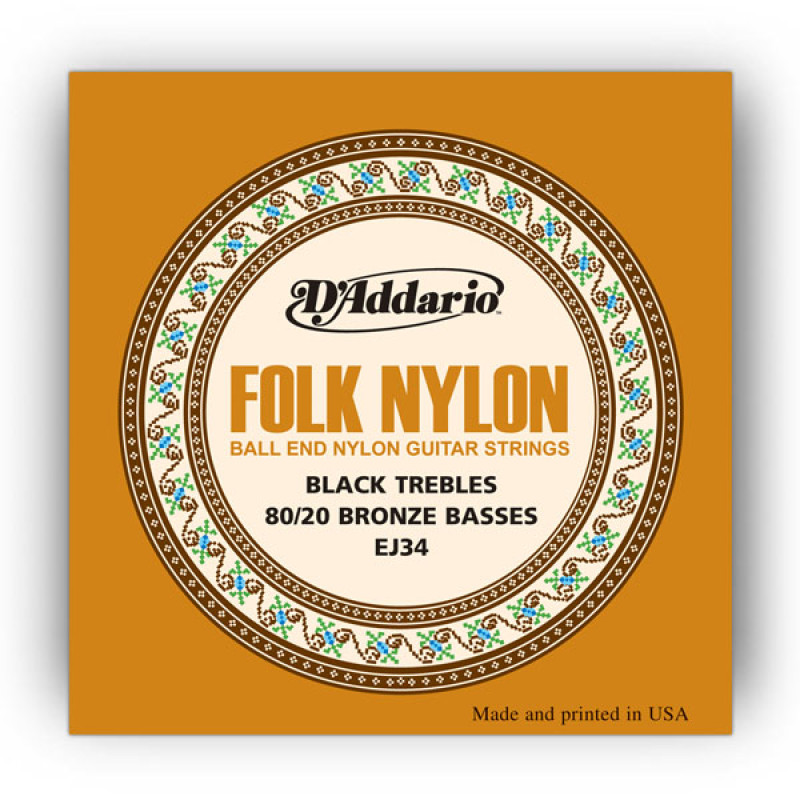 D'ADDARIO EJ34 FOLK NYLON 80/20 Bronze Ball End Black Treble Струни для класичної гітари
