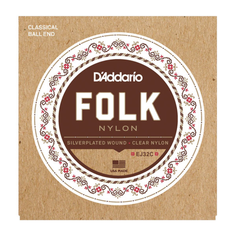 D'ADDARIO EJ32C FOLK NYLON Ball End Silver Wound / Clear Treble Струни для класичної гітари