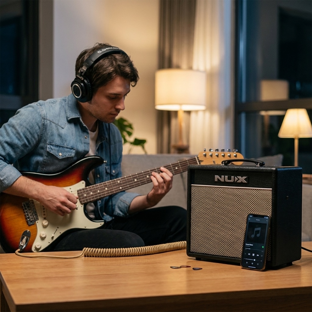 NUX Mighty 20 MKII вдома Гітарист у навушниках грає на електрогітарі перед комбіком NUX Mighty 20 MKII на столі