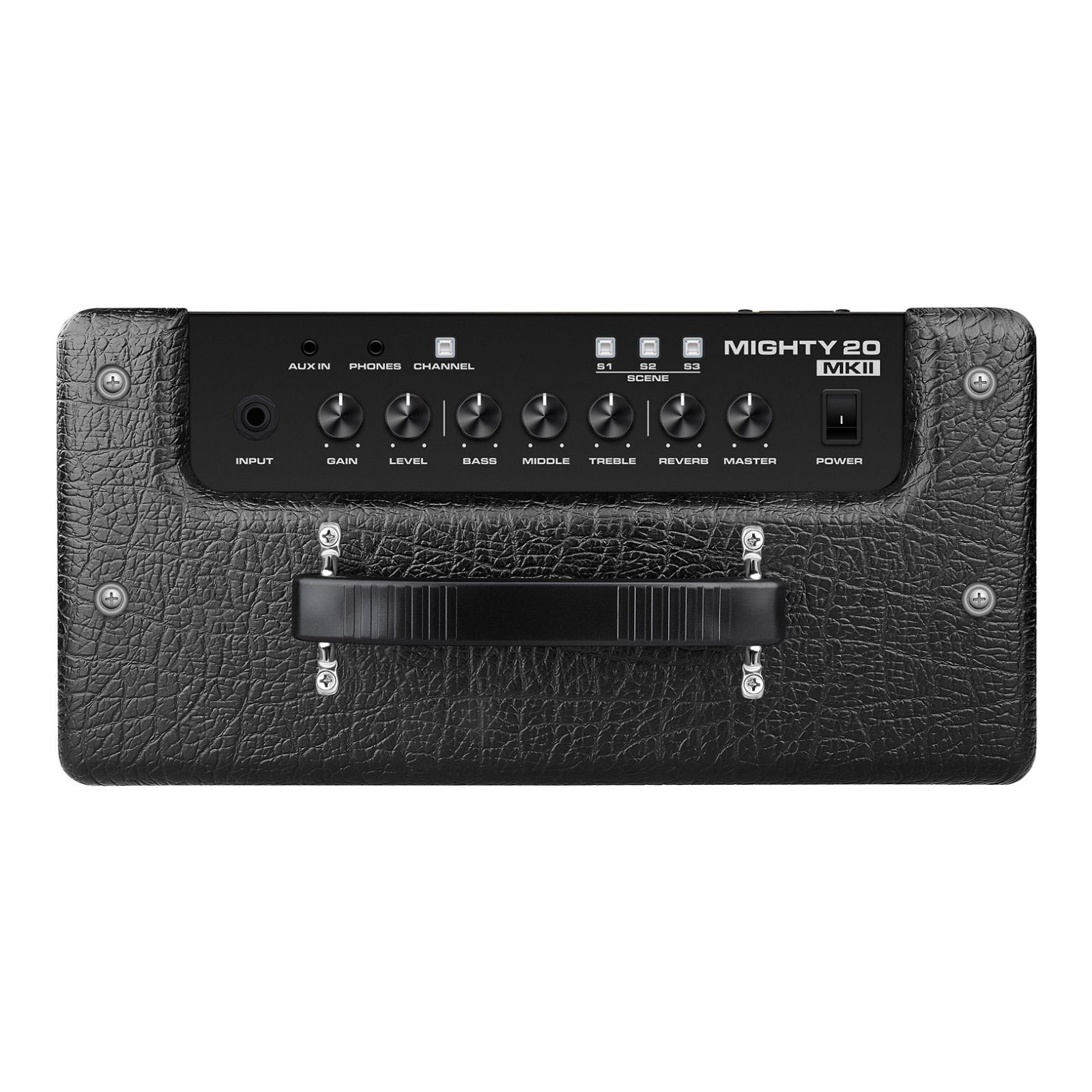 Верхня панель Mighty 20 MKII Верхня панель NUX Mighty 20 MKII: ручки керування, aux-вхід і вихід на навушники