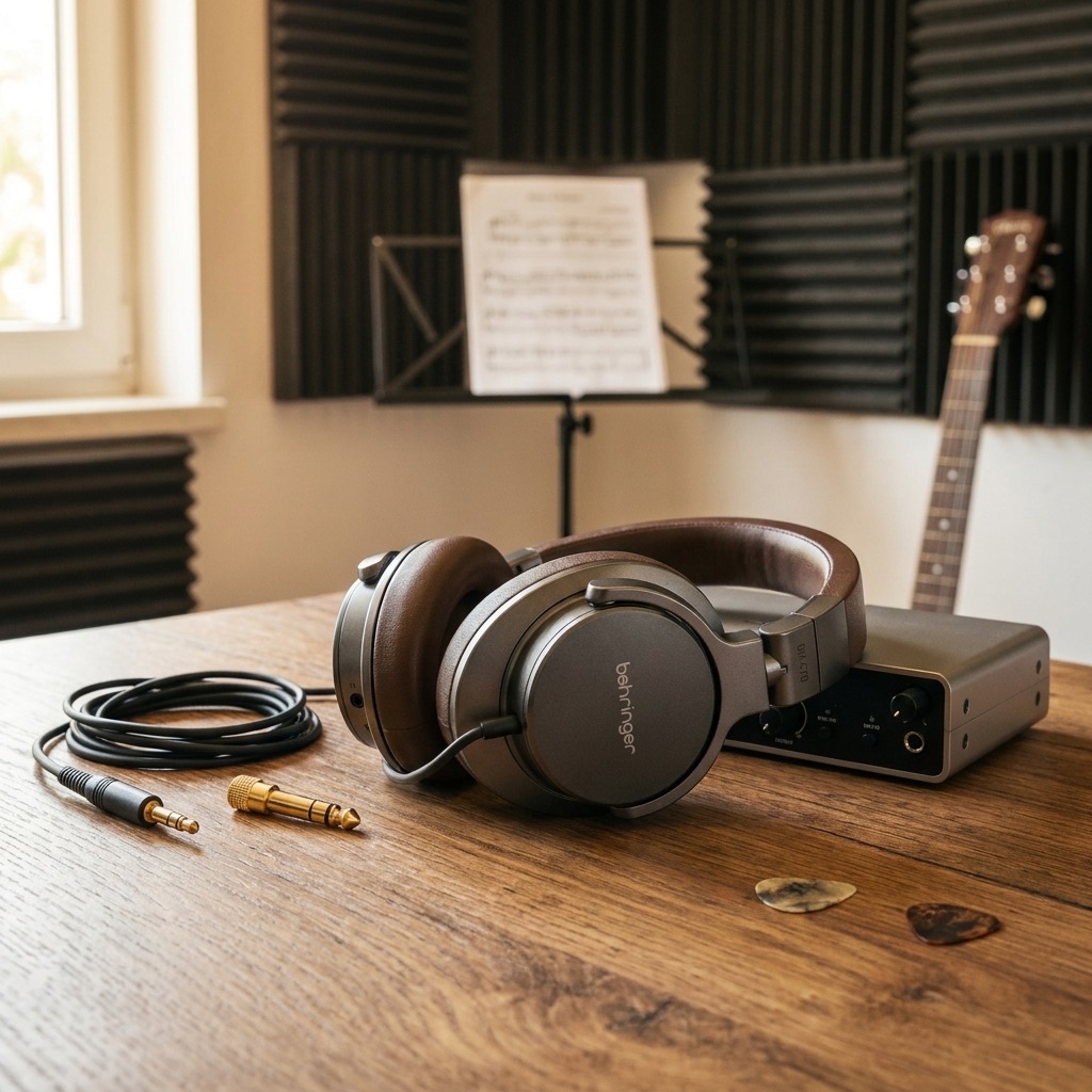 Behringer BH470 Складані студійні навушники Behringer BH470 на столі домашньої студії біля аудіоінтерфейсу