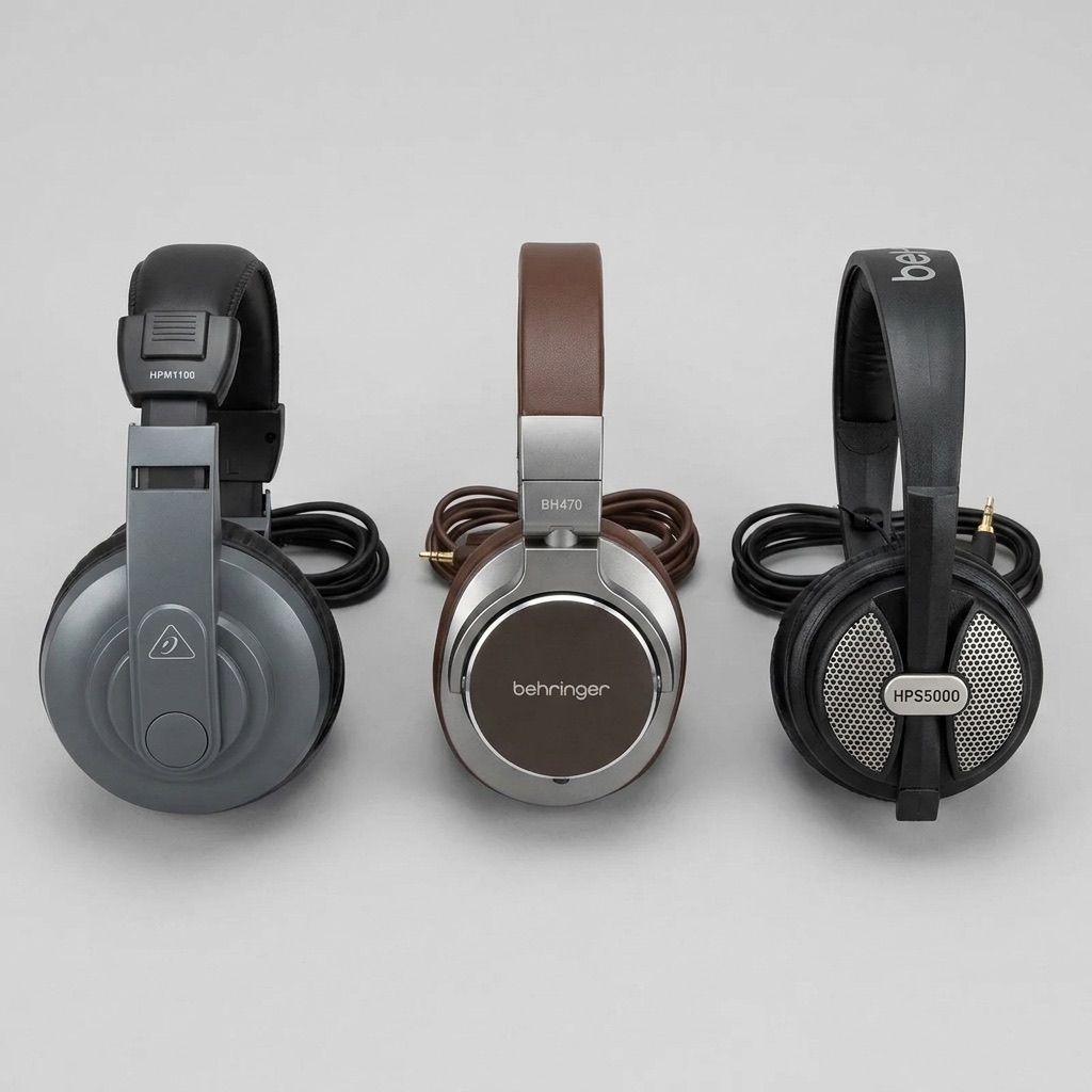 Порівняння моделей Behringer Три моделі навушників Behringer у ряд для порівняння форми чашок