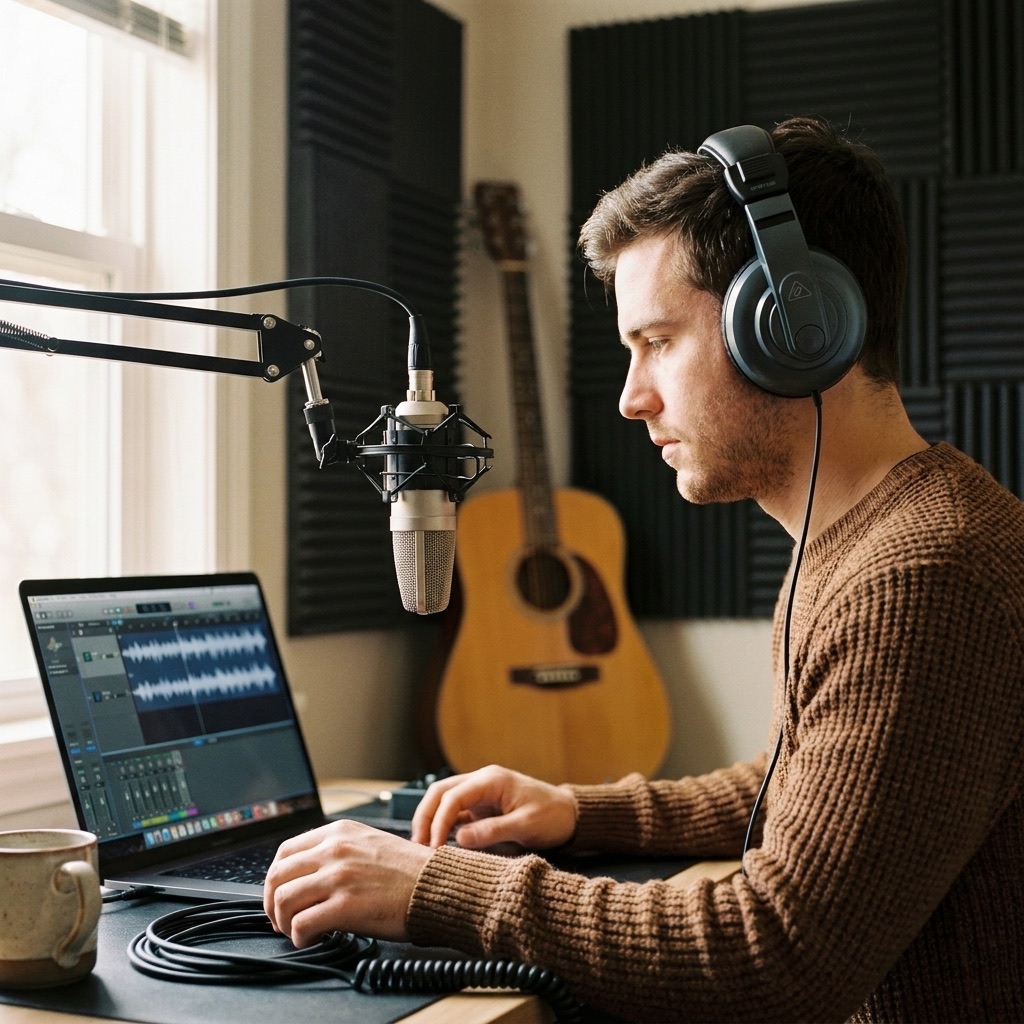 Домашній запис у навушниках Behringer Музикант у навушниках Behringer за домашнім записом з ноутбуком і мікрофоном